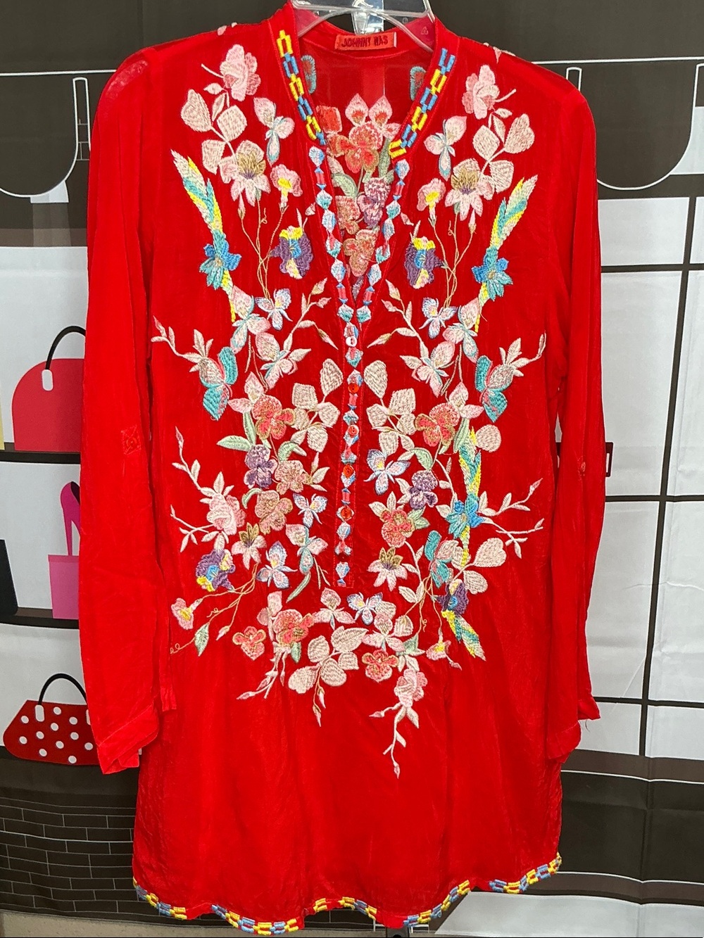 Johnny Was Red Long-Sleeve Embroidered Tunic Dress sz sm #2296